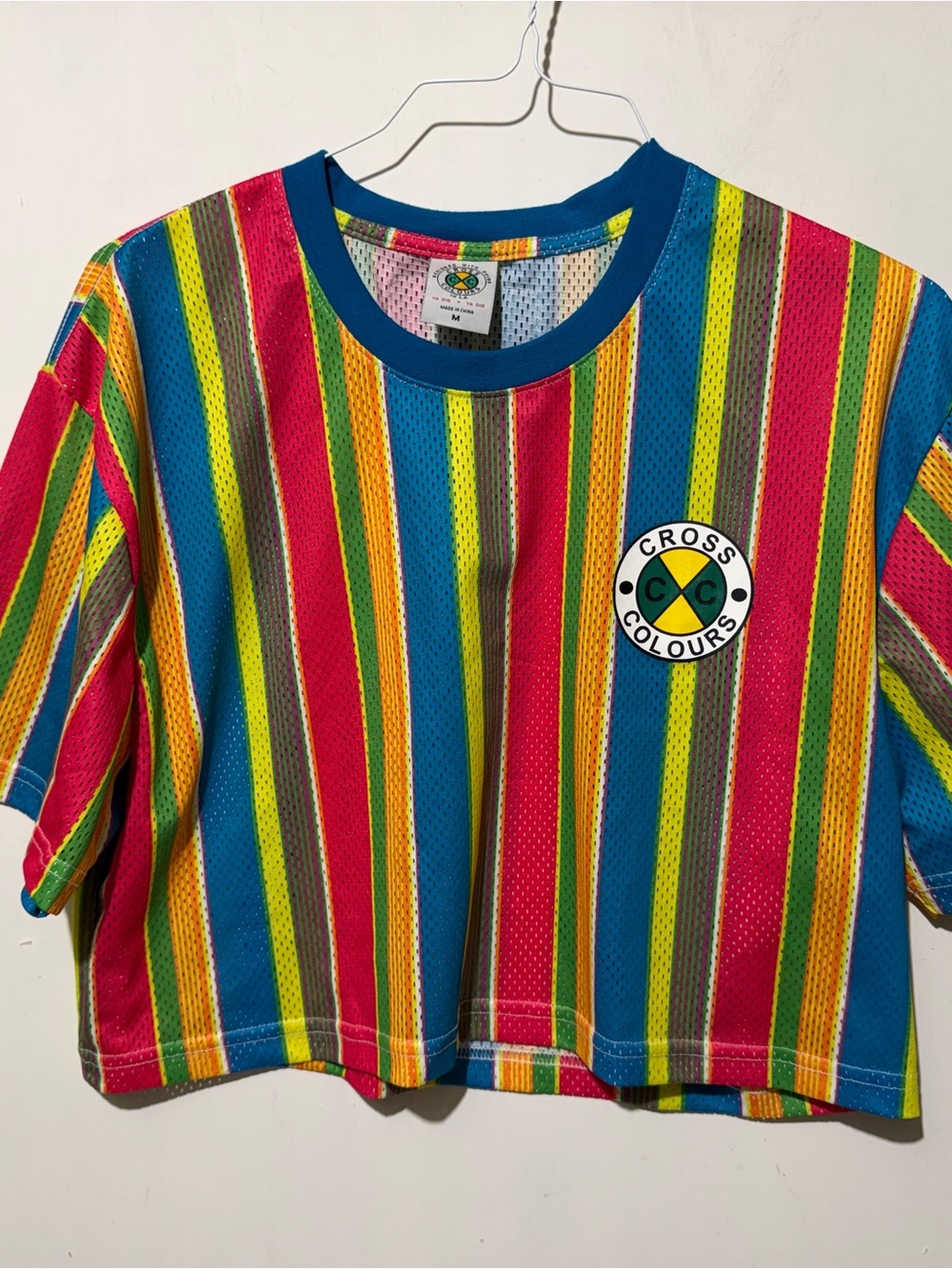 Vintage Cross Colours Multi-Color Striped Mesh Jersey Crop Top Size M